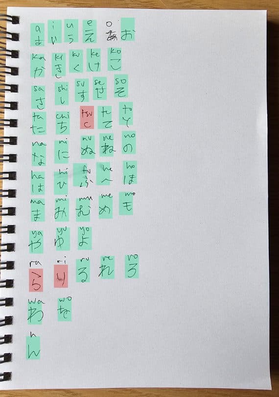 Test 2 answer sheet, written the next day: the same grid graded the same way, and almost every block is green.