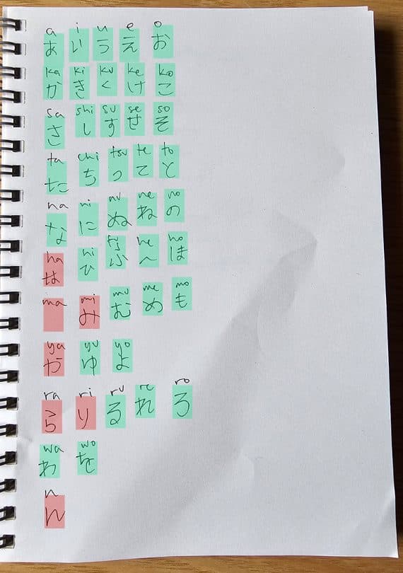 Test 1 answer sheet, five minutes after the drill: the romaji grid in a spiral notebook, each hand-written answer covered by a highlight block — green where it was graded correct, red where it was not.