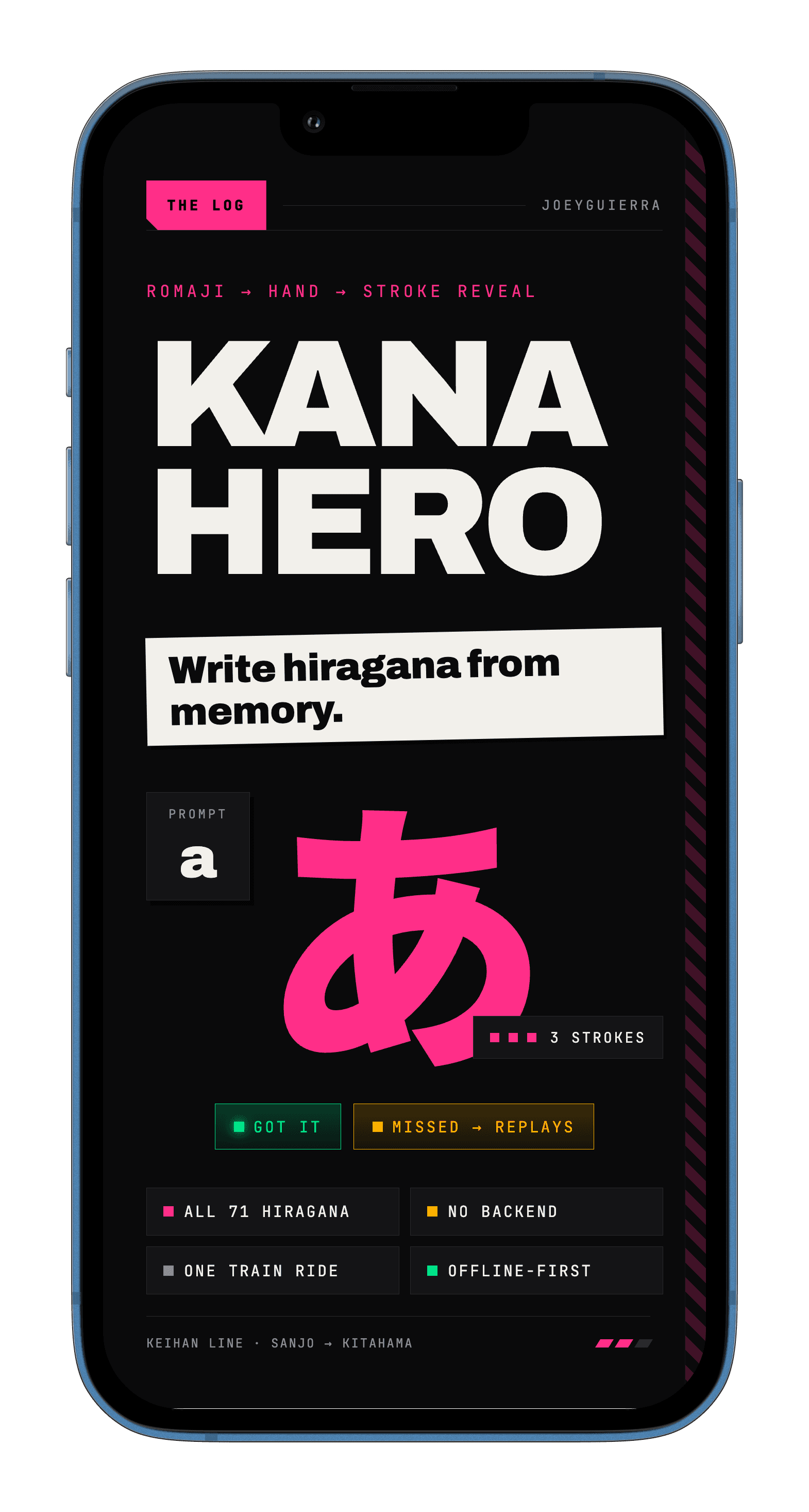 Kana Hero on an iPhone: the prompt “a”, a hand-drawn あ, and the stroke count